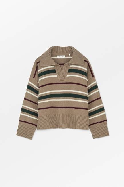 Paul V-neck jumper - Light brown/green/wine stripe