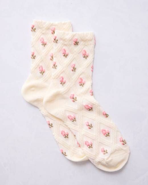 Cream Pink - Floral Casual Socks - Tiepology