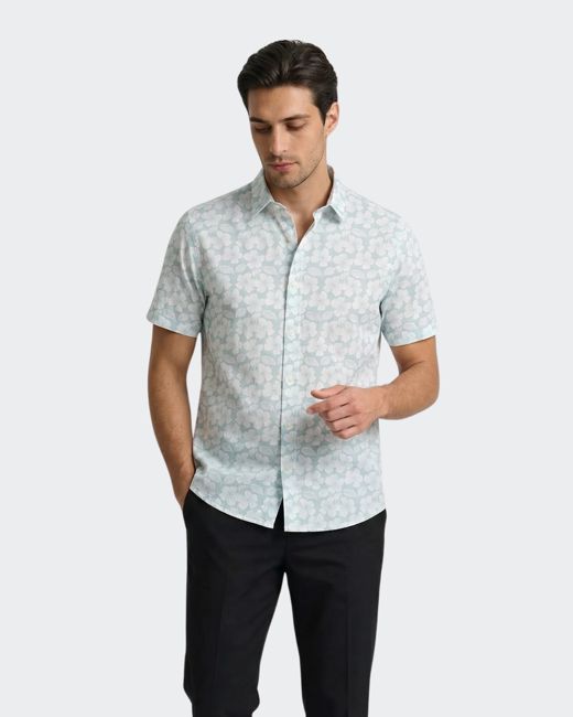 White Cotton Hibiscus Print Button-Down Shirt