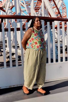 Obregon - Hose aus Baumwollleinen mit Rundhalsausschnitt und grünem Karomuster