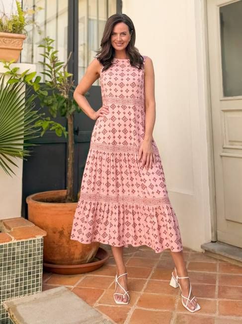 Marie Sleeveless Tiered Dress - Pink & Rust Print
