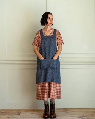 Cross Back Apron in Small Indigo Stripe Linen