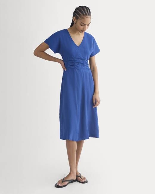 Cinched Dress in Stretch Linen | Estate Blue