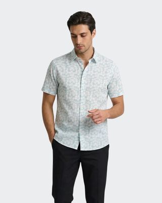 White Cotton Hibiscus Print Button-Down Shirt