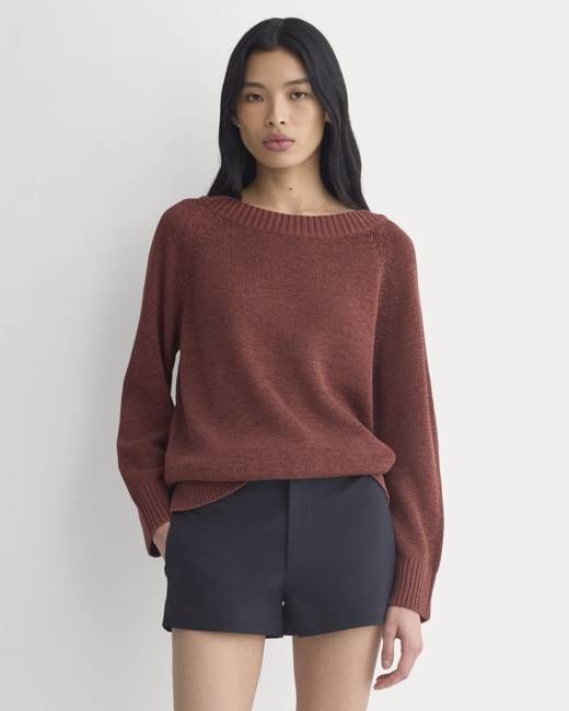 Wide-Neck Crew Sweater in Tape Yarn | Henna Red