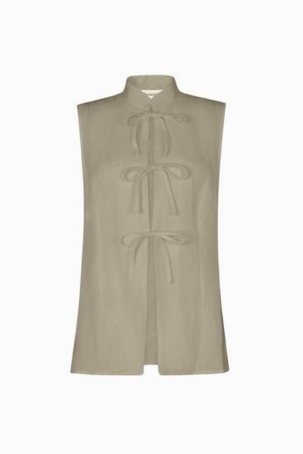 The Alma Stand-Up Collar Tie Vest in oatmeal