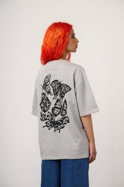 Benny - Oversized Cotton T-Shirt in Grey Marl with Butterfly Print