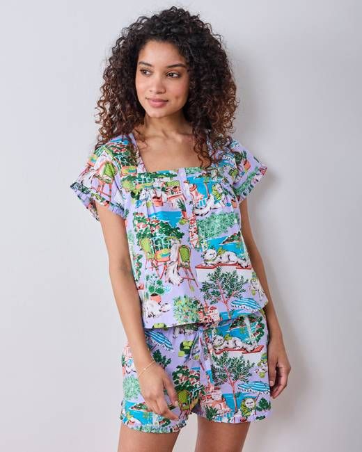 Mediterranean Meow - Pintuck Short Set - Lilac & Lime