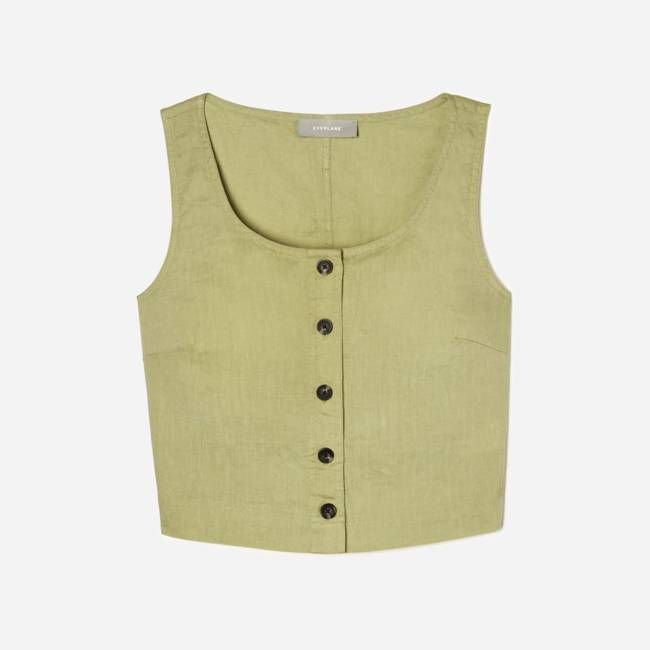 The Linen Button-Front Crop Tank | Leek