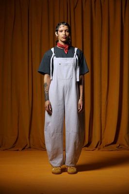 Chula - Cotton Barrel Leg Dungarees in Lilac Hickory Stripe