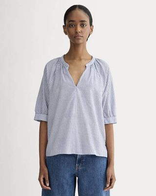 The Gauze Gathered Top | Mazarine Blue / Optic White