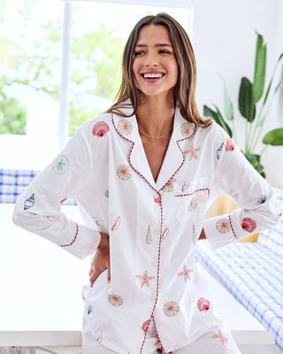 Embroidered Shells - Petite Long PJ Set - Coastal Cloud