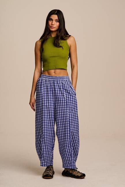 Obregon - Cotton & Viscose Barrel Leg Trousers in Blue Gingham Check