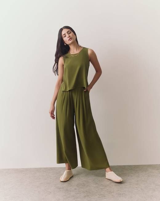 Washable Silk Cropped Pleated Pant