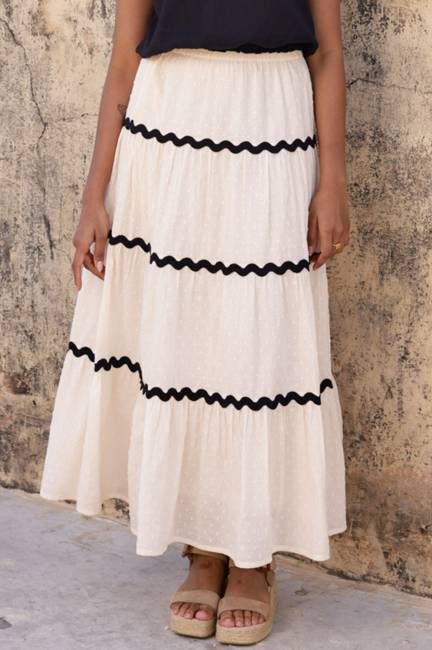 Organic Cotton Dobby Ric Rac Skirt | Cream/Black