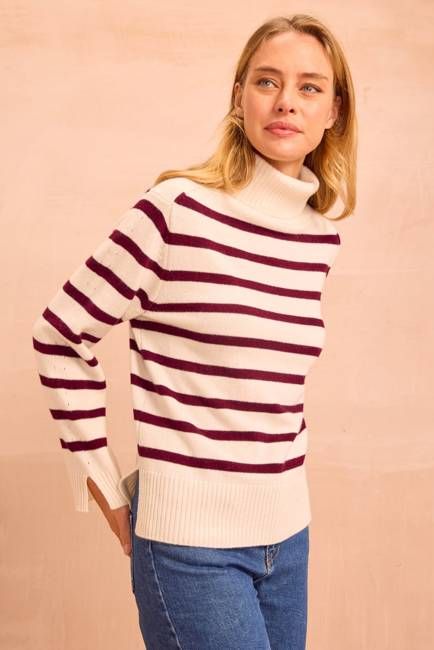 Cashmere Blend Striped Roll Neck Jumper | Cream/Fig