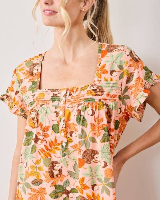 Hedgehog Forest - Daylight Nightgown - Peach Leaf