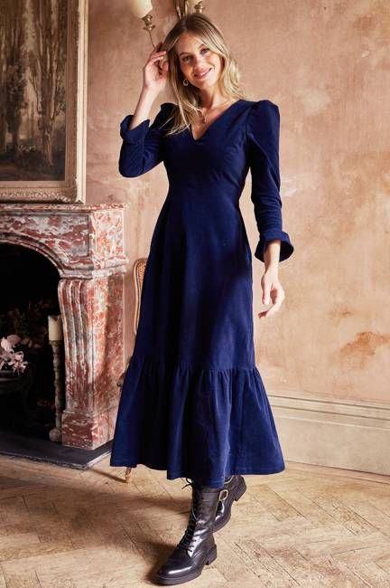 Victoria V-Neck Long Sleeve Stretch Corduroy Dress | Atlantic Blue
