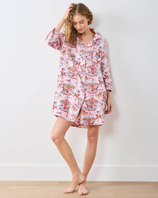 Christmas Carousel - Midweight Flannel Sleep Shirt - Pink Garland