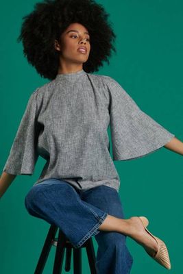 Florence Bell Sleeve Top in Grey Linen