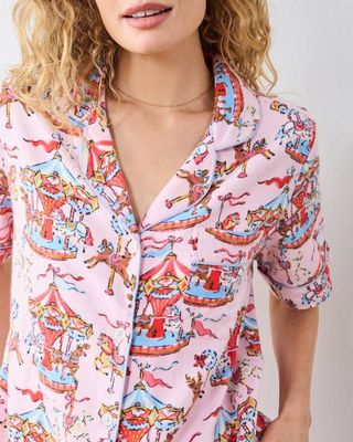 Christmas Carousel - Midweight Flannel Short PJ Set - Pink Garland