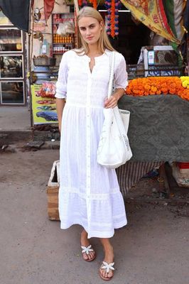 Shirred Dobby Maxi Dress | White
