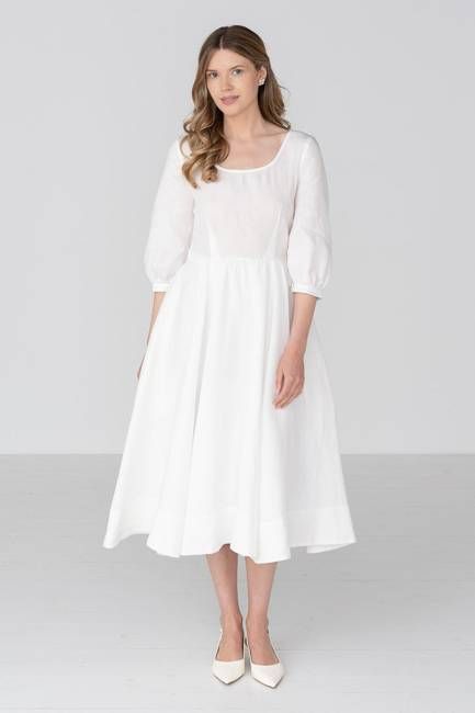Carmen – Puff Sleeve Linen Midi Dress