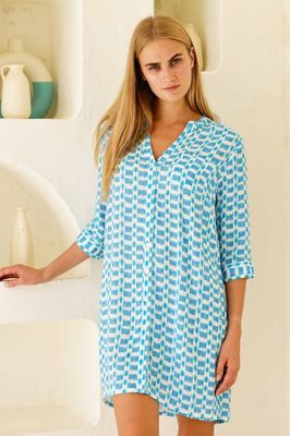 Mila Viscose Crinkle Shirt Tunic | White/Turquoise