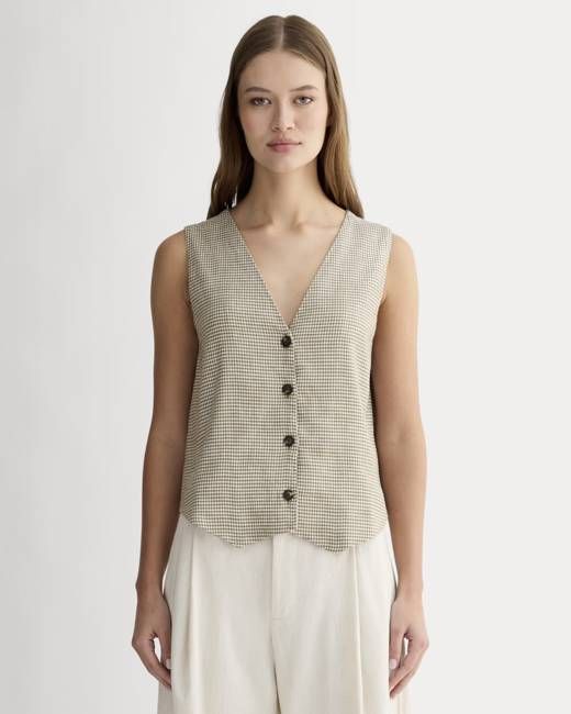 The Vest in Stretch Linen | Deep Taupe Mini Gingham