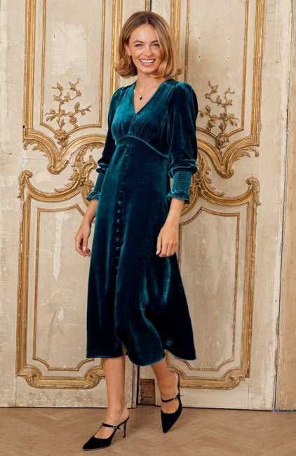 Sally Anne Velvet Long Sleeve Dress | Teal