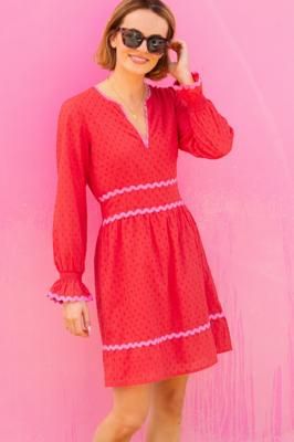 Short Purdie Organic Cotton Ric Rac Dobby Dress | Red/Pink