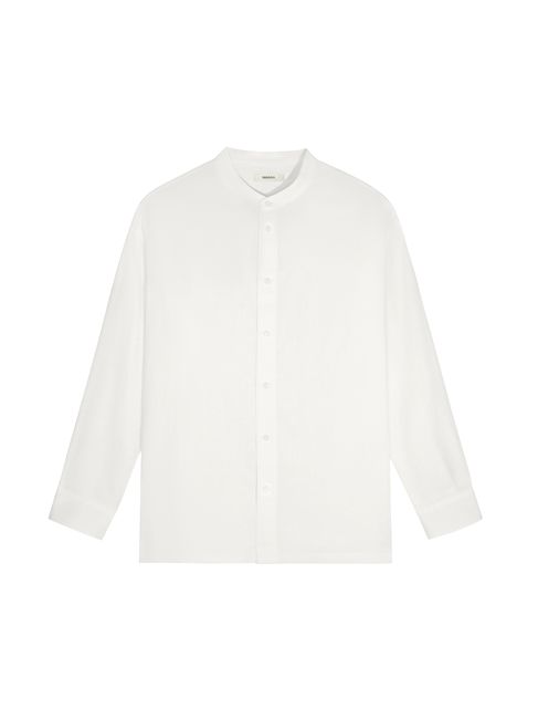 Archive Womens Aloe Linen Mandarin Collar Long Sleeve Shirt—off-white