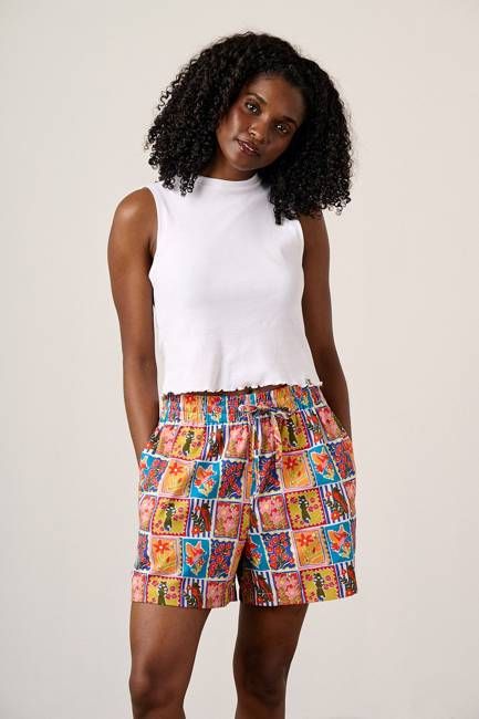 Charlie - Cotton Beach Shorts in Birds & Flowers Square Tile