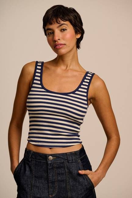 Eden - Cotton Ribbed Vest in Navy & Ecru Stripe