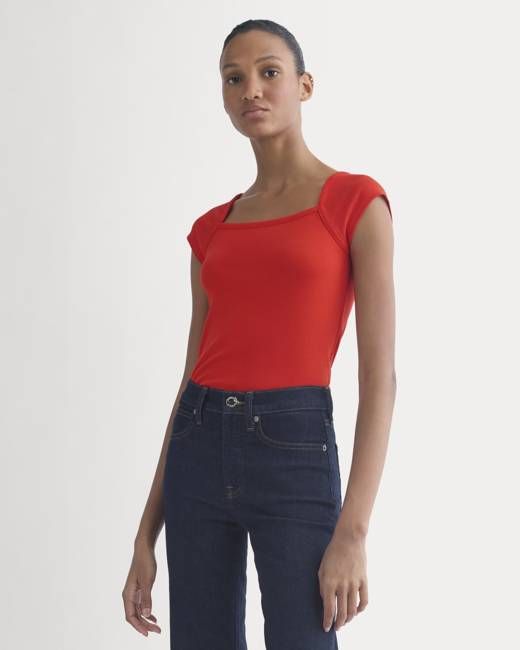 RetroSoft Cotton Square-Neck Tee | Fiery Red
