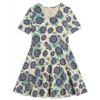 Girls Organic Cotton Short Sleeve Twirl Dress: Purple Poppies
