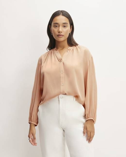 The Washable Clean Silk Shirred Blouse | Blush Pink