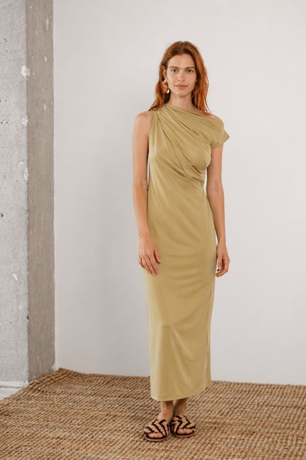 Drape Cupro Midi Dress in Olive - ARCHIVE SALE