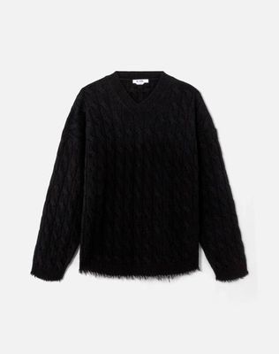 Cable V Neck Pullover - Black