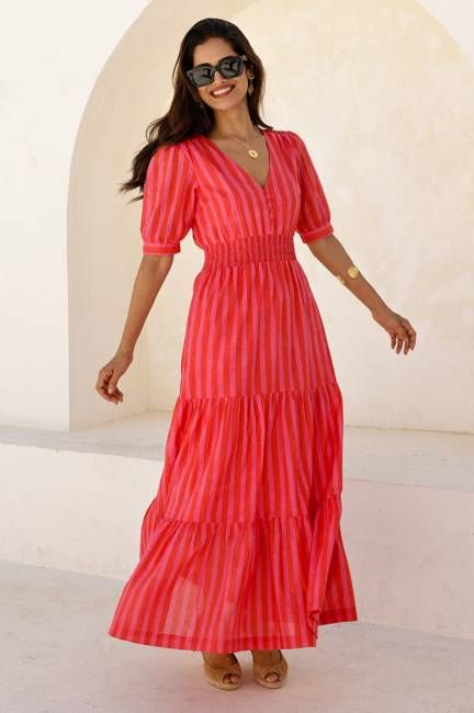 Billie Short Sleeve Organic Cotton Dress | Red/Pink