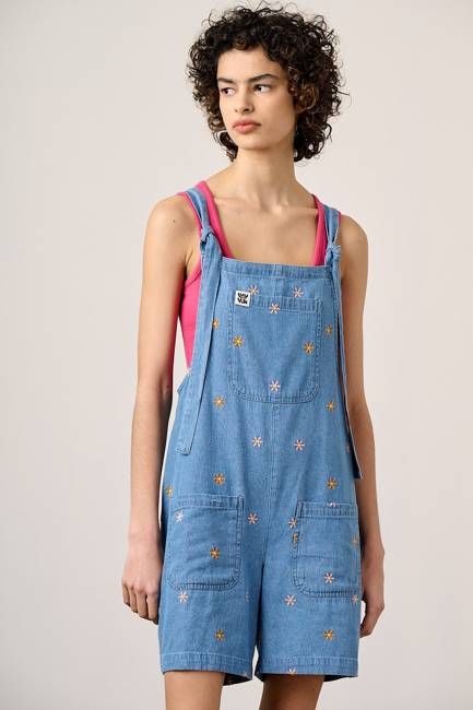 IMPERFECT - Original Dungaree Shorts - Cotton Dungaree Shorts in Light Blue with Floral Embroidery