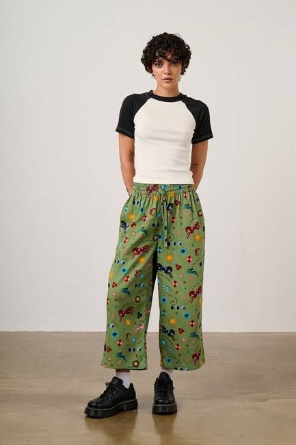 Chuck - Wide Leg Cotton Trousers in Green Celestial Dreaming