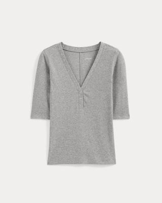 Luxe Rib V-Neck Henley | Heathered Light Grey