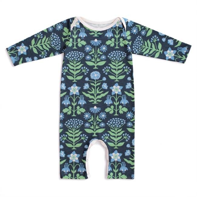 Long Sleeve Romper - Blockprint Floral Blue & Green