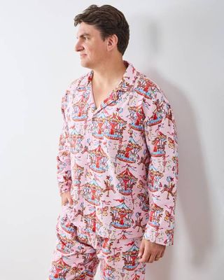 Christmas Carousel - Men's Midweight Flannel Long PJ Set - Pink Garland