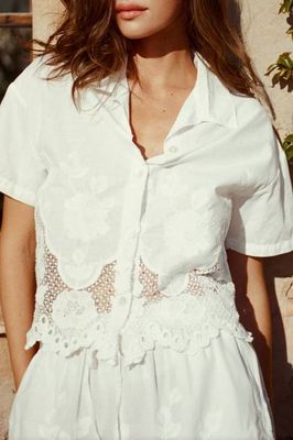 Flora Cropped Shirt - White Beachside Broderie