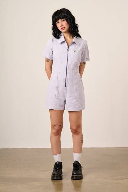 Riley - Cotton Playsuit in Lilac Hickory Stripe