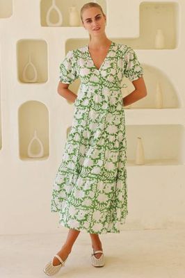 Surbhi Short Sleeve Dress | Ecru/Green