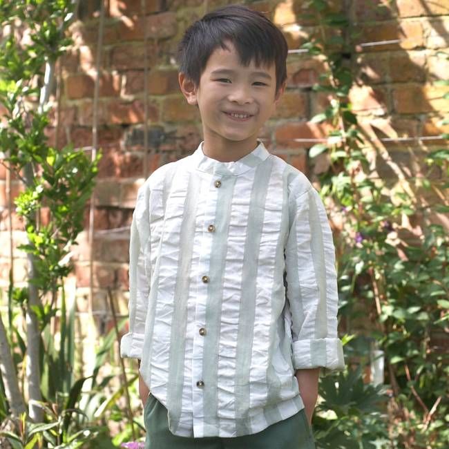 Collarless Seersucker Shirt - Sea Foam