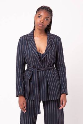 Bety Tie Waist Blazer in Navy Pinstripe